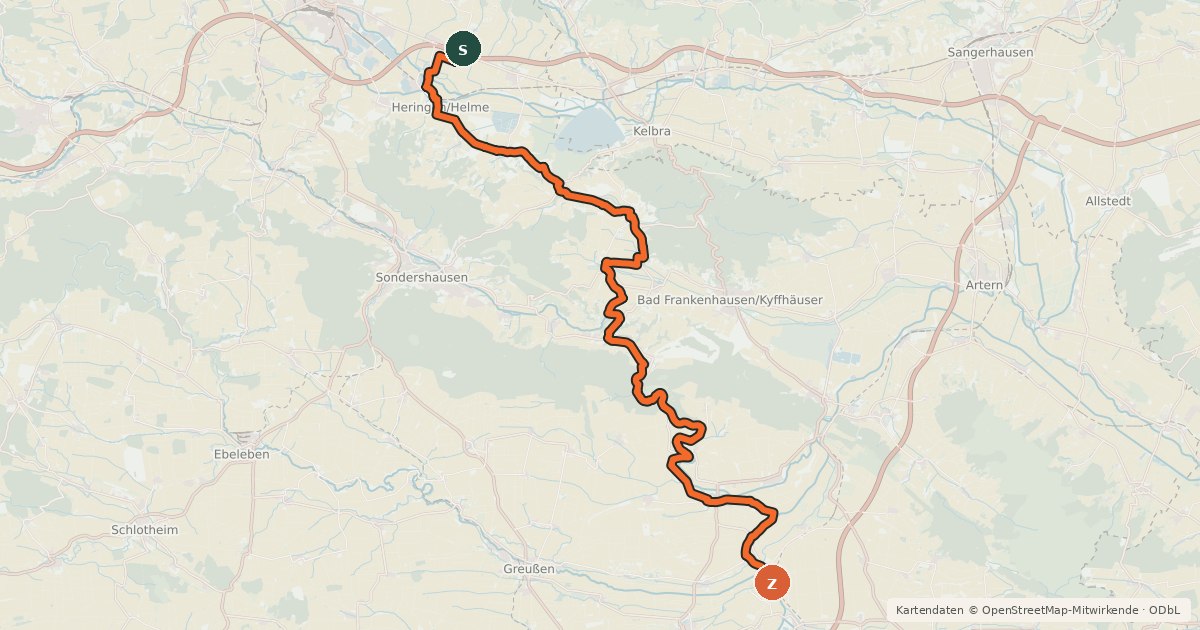 Kartenübersicht der Radroute Harz-Kyffhäuser-Rennsteig-Radweg