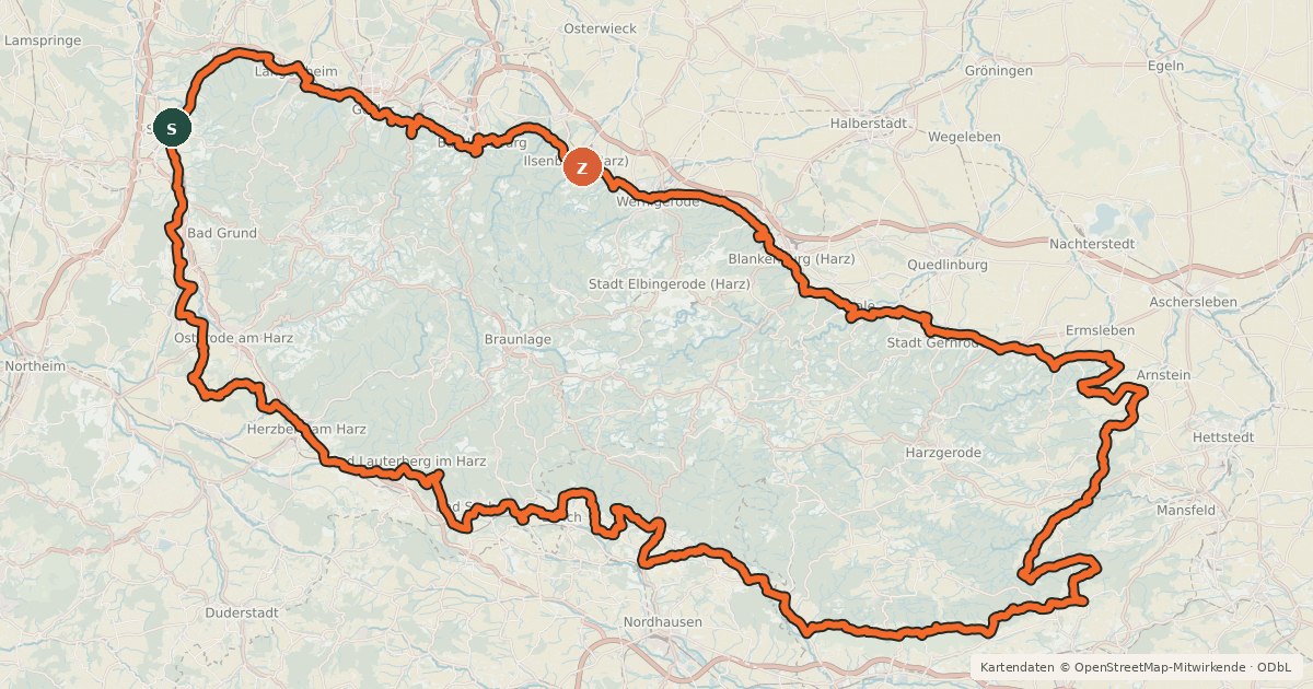 Kartenübersicht der Radroute Harzrundweg