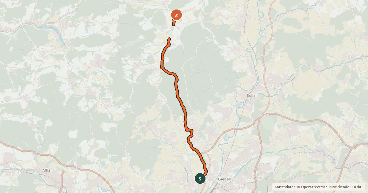 Kartenübersicht der Radroute Hauptroute 14 Gießen-Marburg