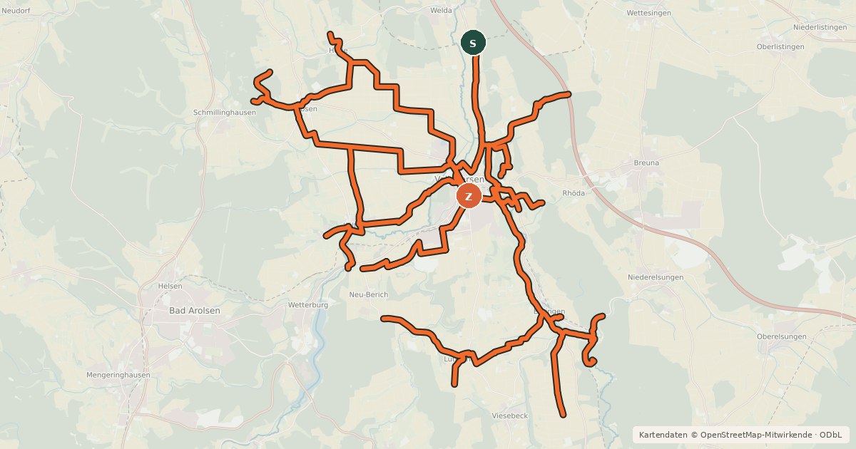Kartenübersicht der Radroute Hauptroutennetz Volkmarsen (Beschildert)