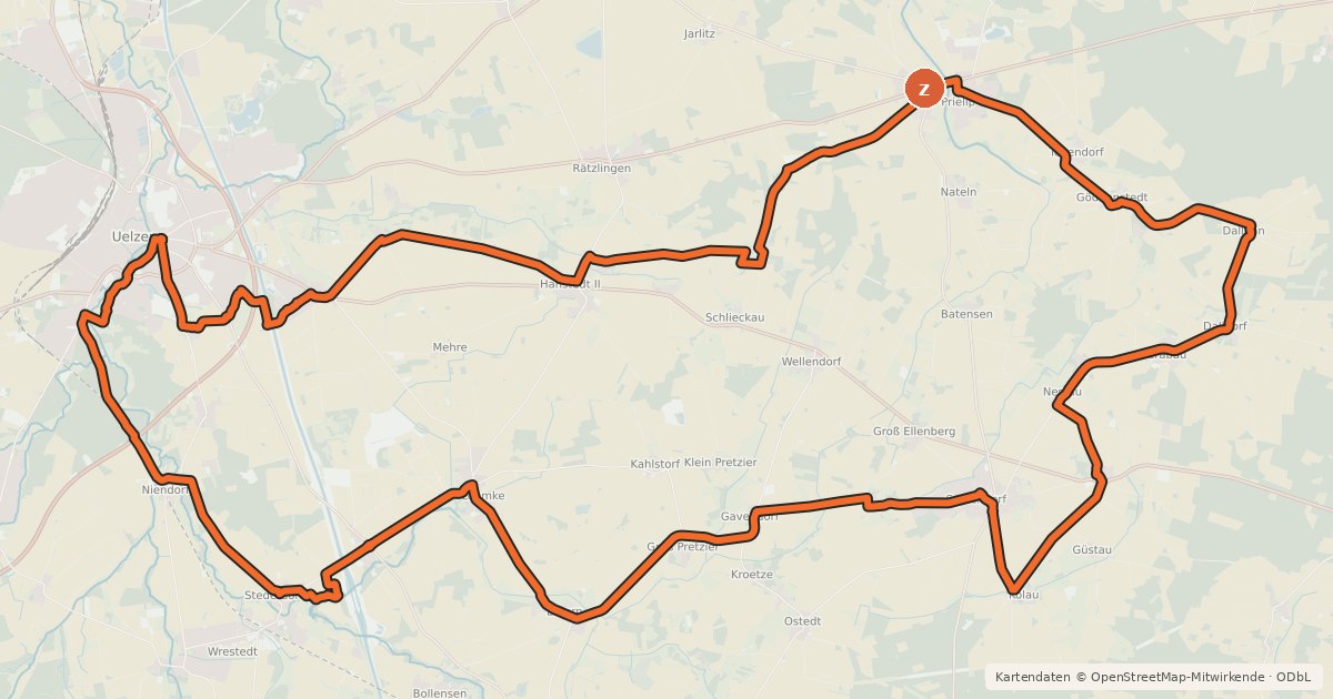Kartenübersicht der Radroute Heidekartoffeltour