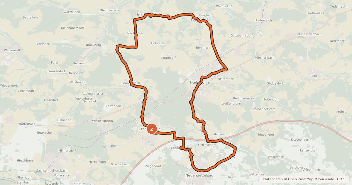 Kartenübersicht der Radroute Heilsbronner Karpfenradweg