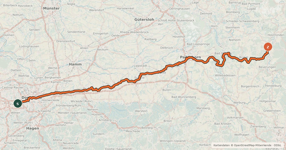 Kartenübersicht der Radroute Hellweg-Route