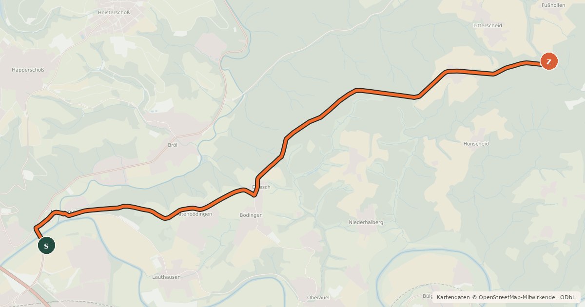 Kartenübersicht der Radroute Hennef (22) - Ruppichteroth (23)