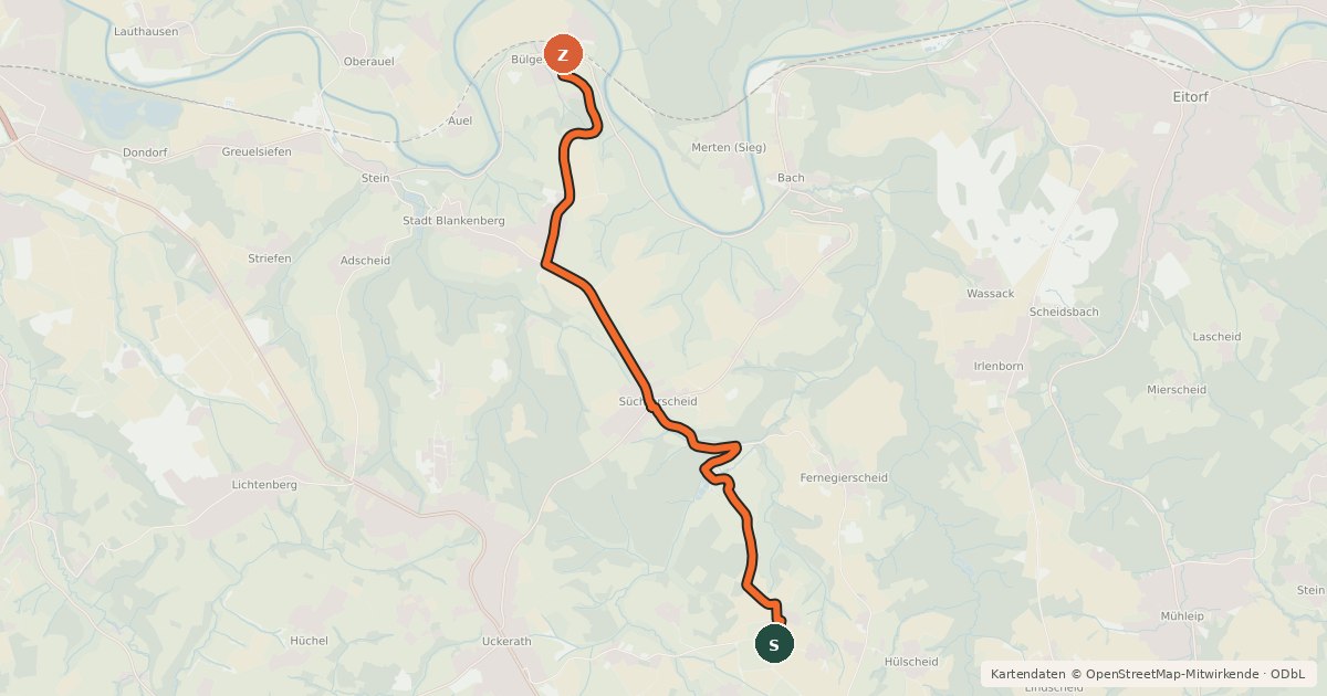 Kartenübersicht der Radroute Hennef Darscheid (13) - Hennef Bülgenauel (24)