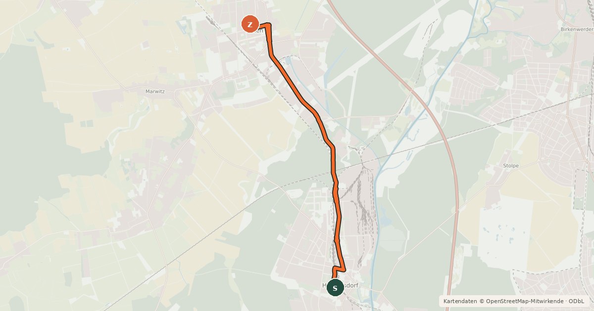 Kartenübersicht der Radroute Hennigsdorf (10) - Velten (96)