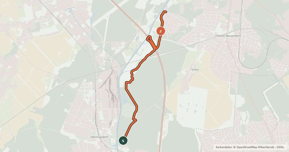 Kartenübersicht der Radroute Hennigsdorf (14) - Hohen Neuendorf (80)