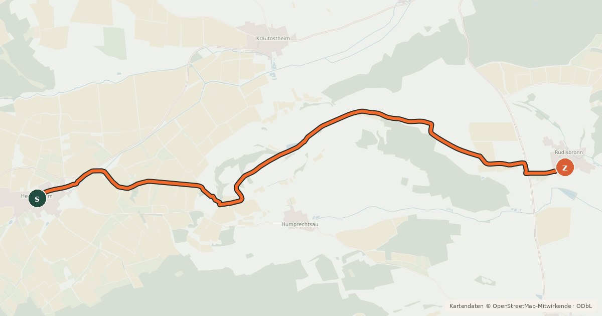Kartenübersicht der Radroute Herbolzheim - Rüdisbronn
