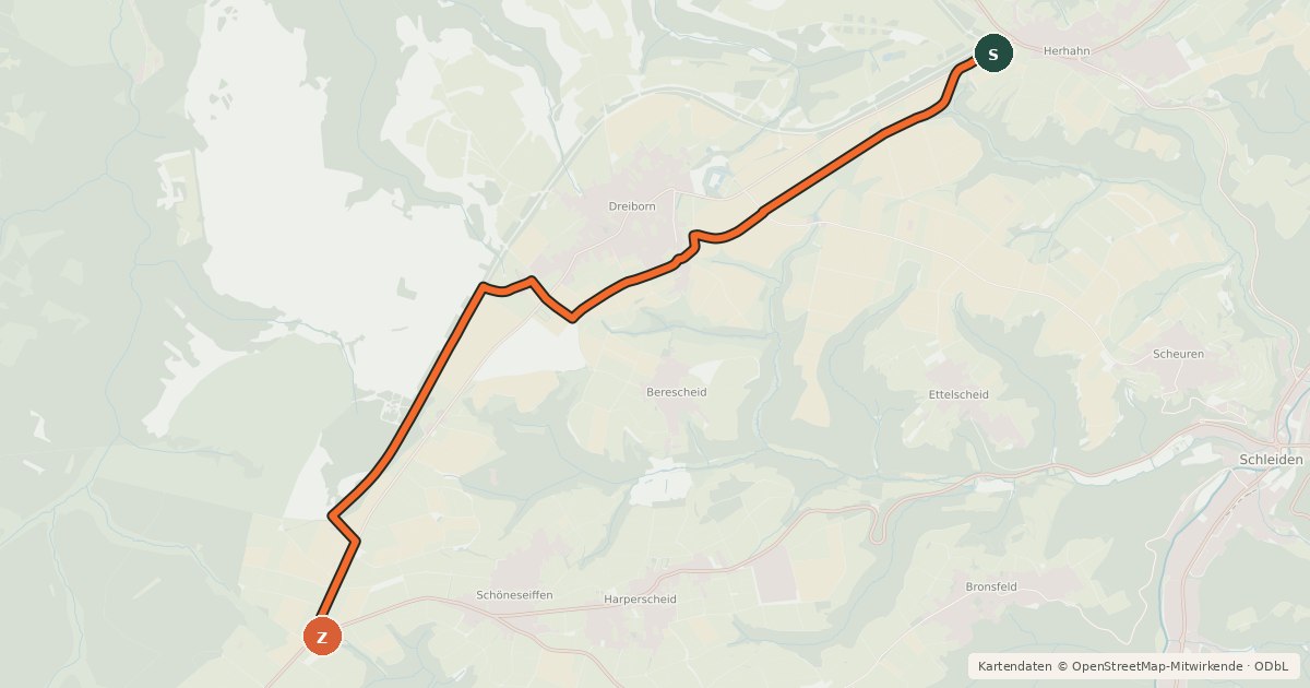 Kartenübersicht der Radroute Herhahn (34) - Schöneseiffen (42)