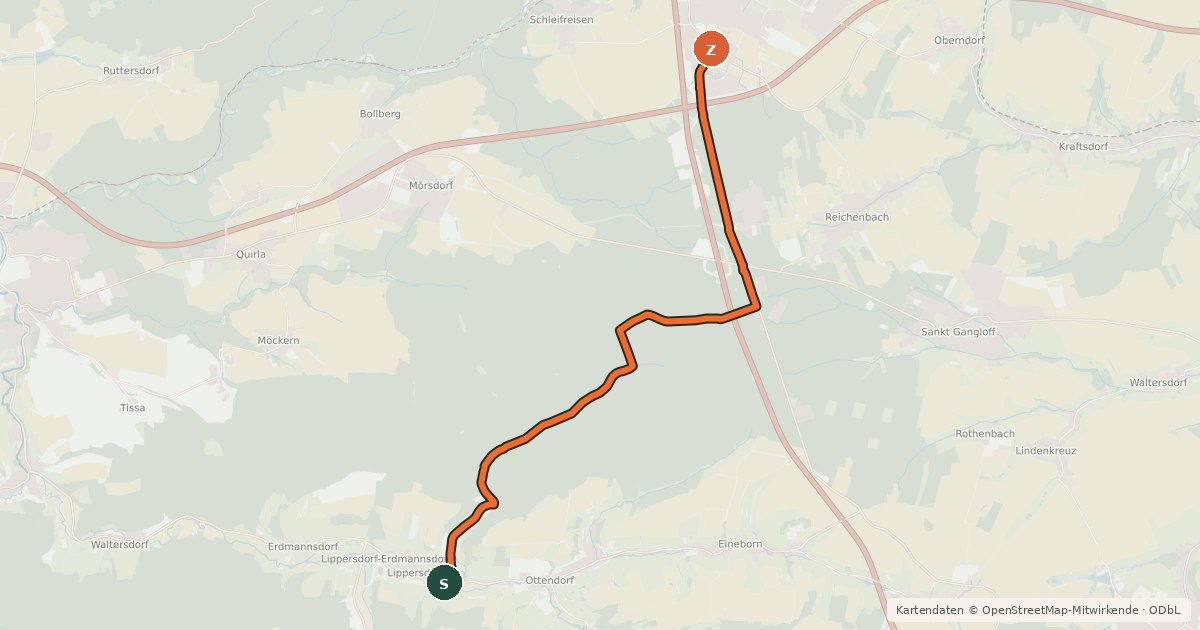 Kartenübersicht der Radroute Hermsdorf - Lippersdorf