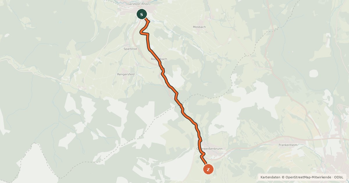Kartenübersicht der Radroute Hessen-Bayern Gersfeld-Oberweißenbrunn