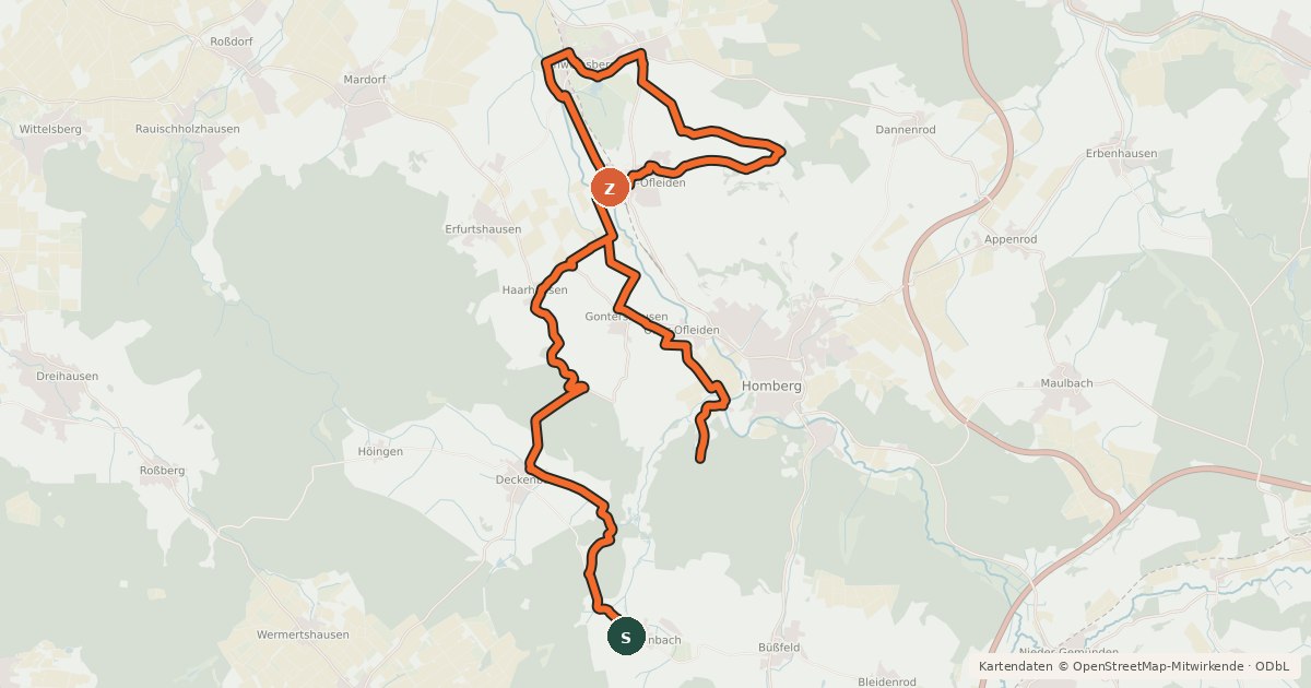 Kartenübersicht der Radroute Hessische Apfelwein- und Obstwiesenroute - Homberg und Oberes-Ohmtal