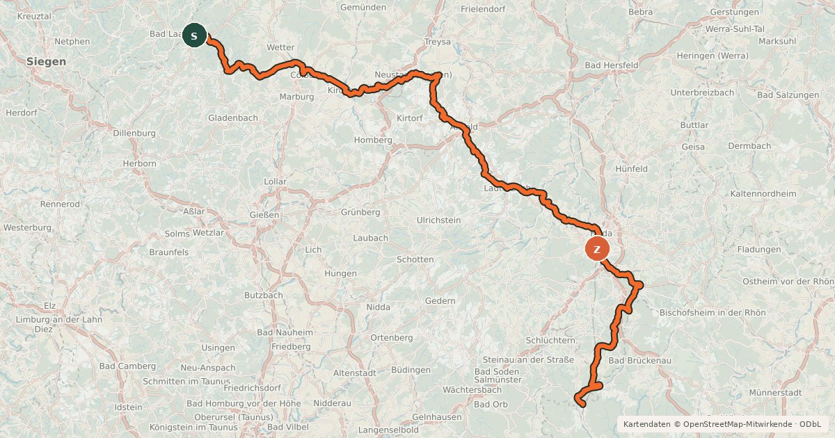 Kartenübersicht der Radroute Hessischer Radfernweg R2