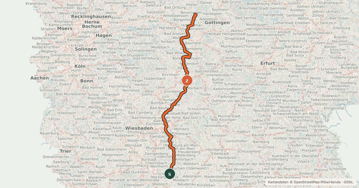 Kartenübersicht der Radroute Hessischer Radfernweg R4