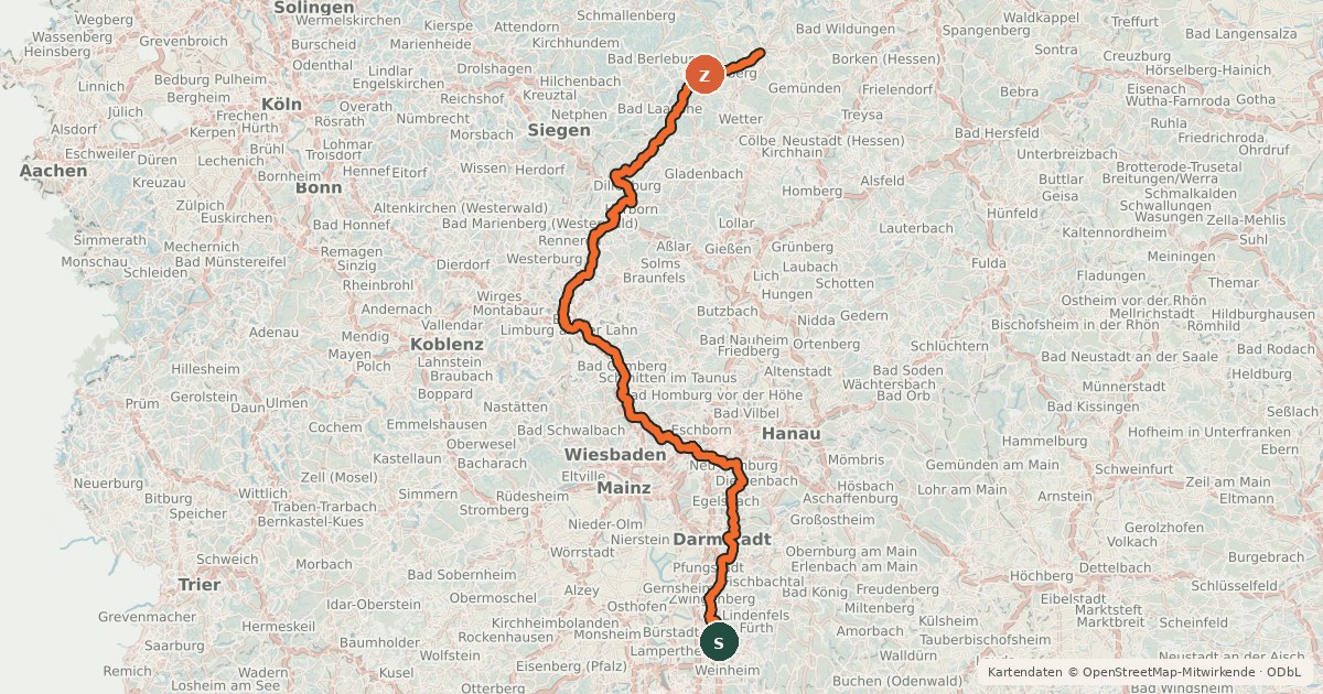 Kartenübersicht der Radroute Hessischer Radfernweg R8 (Teilstrecke Laudenbach - Darmstadt)