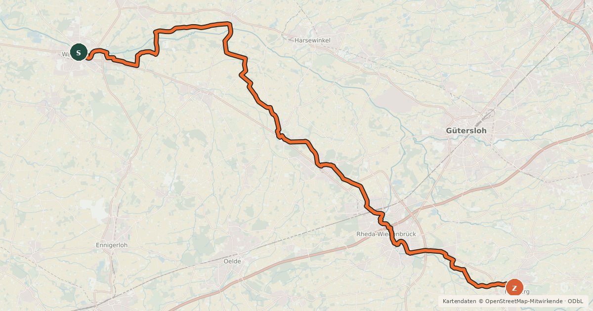 Kartenübersicht der Radroute Historische Stadtkerne - Etappe 1 (Warendorf - Rietberg)