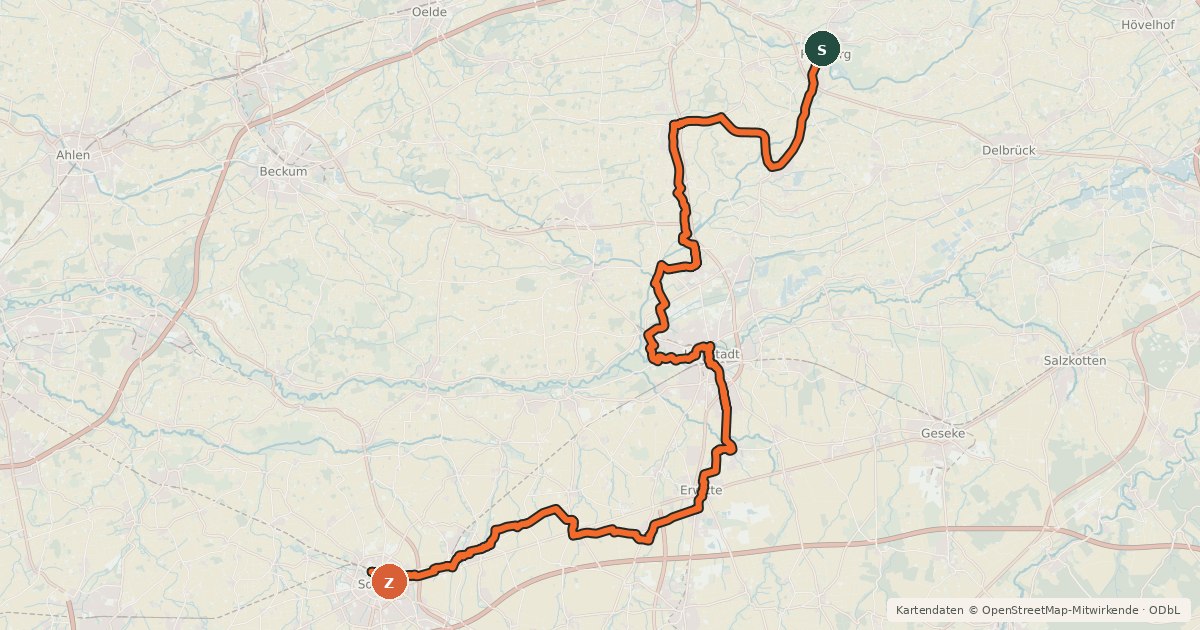 Kartenübersicht der Radroute Historische Stadtkerne - Etappe 2 (Rietberg - Soest)