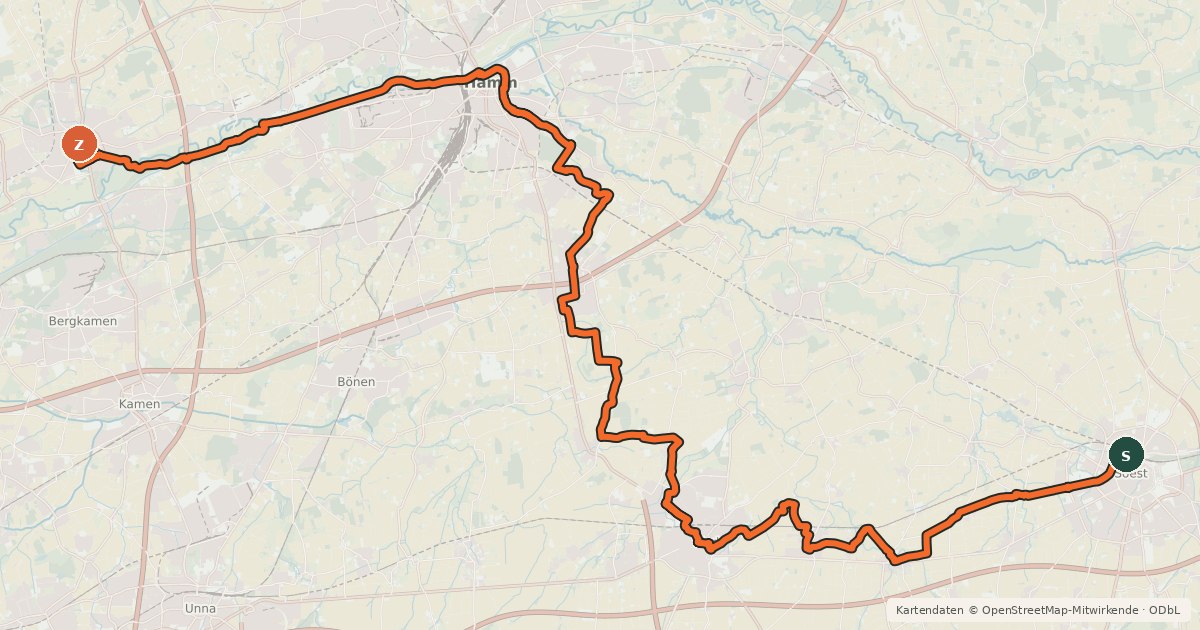 Kartenübersicht der Radroute Historische Stadtkerne - Etappe 3 (Soest - Werne)