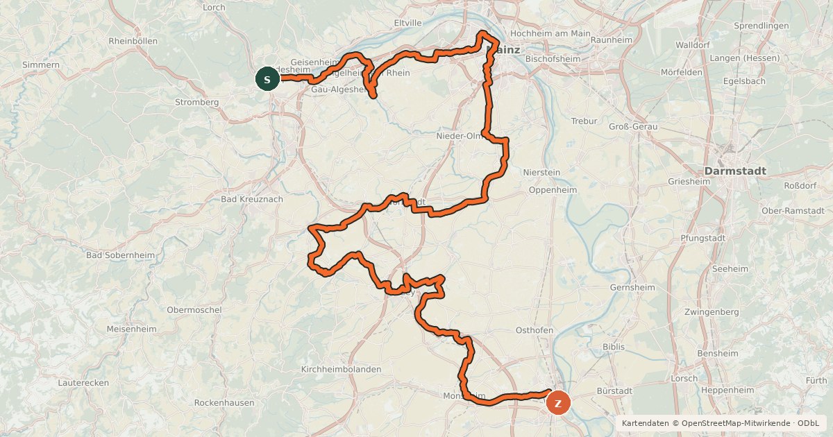 Kartenübersicht der Radroute Hiwwel-Route (Teilstrecke Bingen-Mainz)