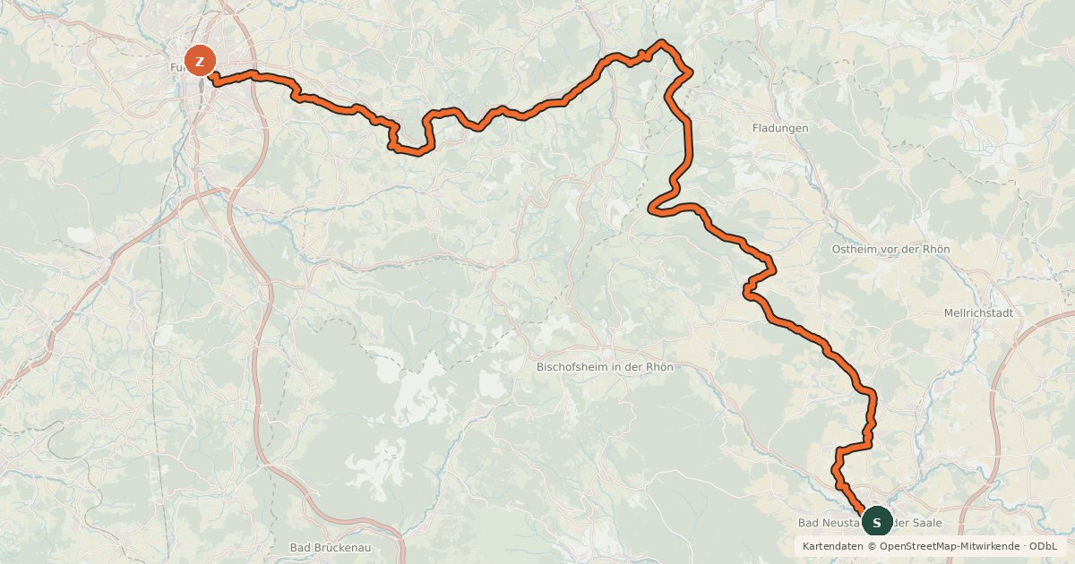 Kartenübersicht der Radroute Hochrhönradweg
