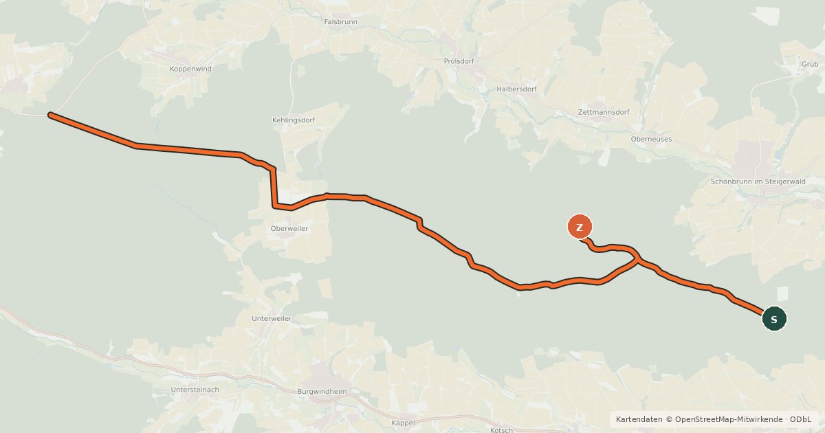 Kartenübersicht der Radroute Höhen-Steigerwald-Radweg