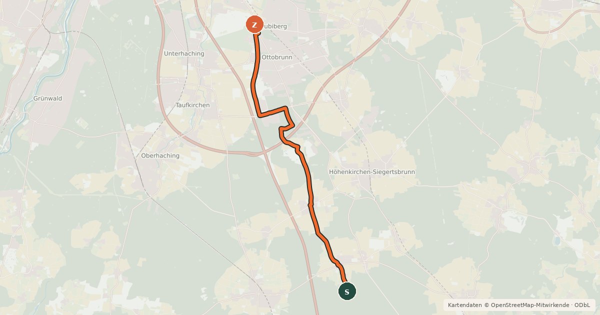 Kartenübersicht der Radroute Hofolding - Neubiberg