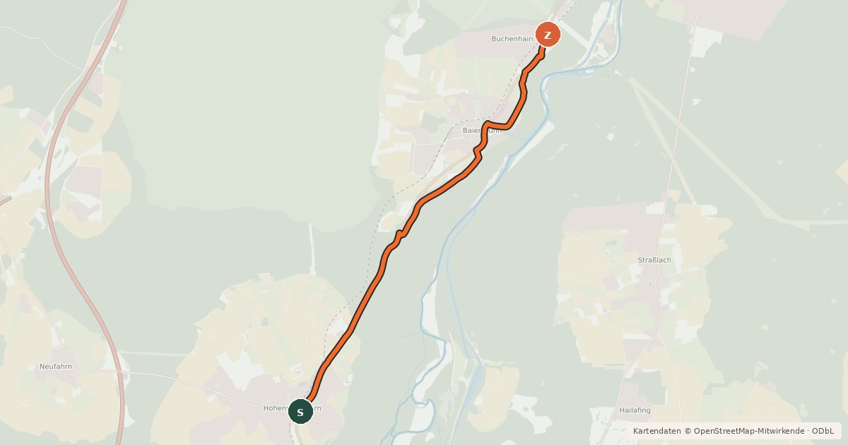 Kartenübersicht der Radroute Hohenschäftlarn- Buchenhain