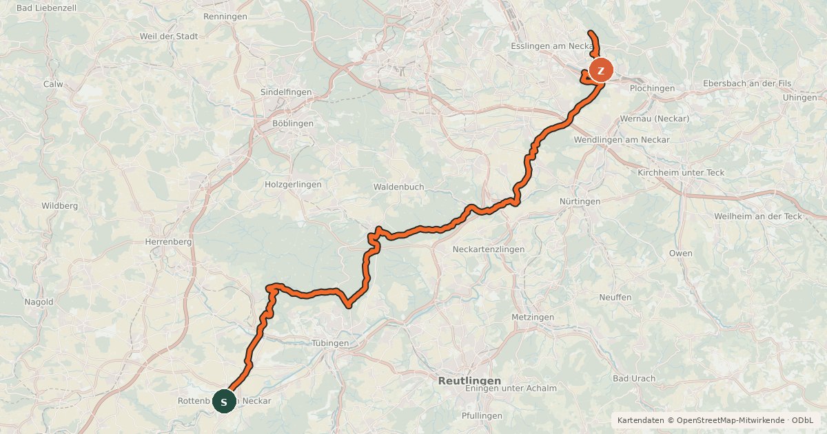 Kartenübersicht der Radroute Hohenzollern-Weg Abschnitt Esslingen-Rottenburg