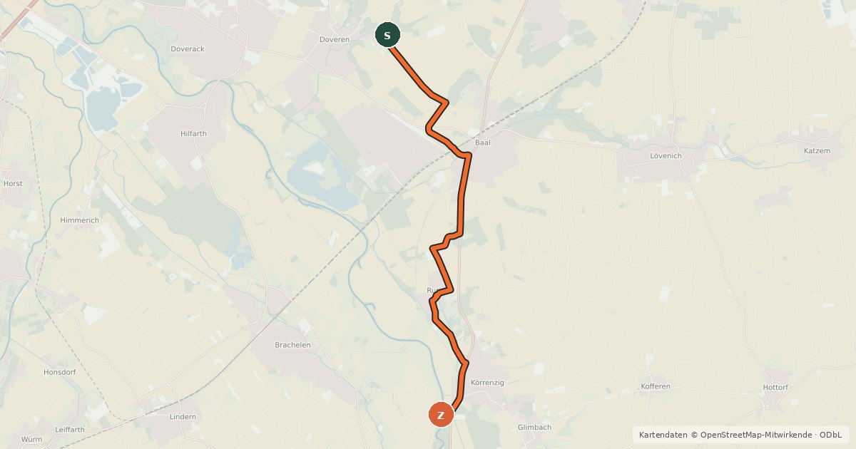 Kartenübersicht der Radroute Hückelhoven (94) - Linnich (95)