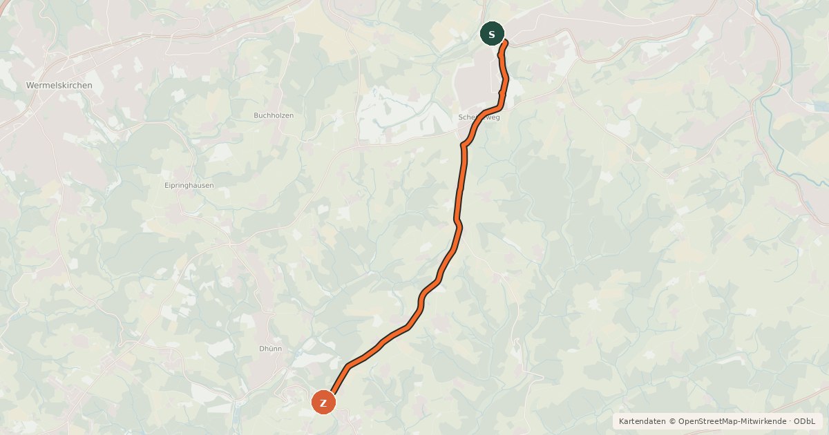 Kartenübersicht der Radroute Hückeswagen (30) - Wermelskirchen (33)
