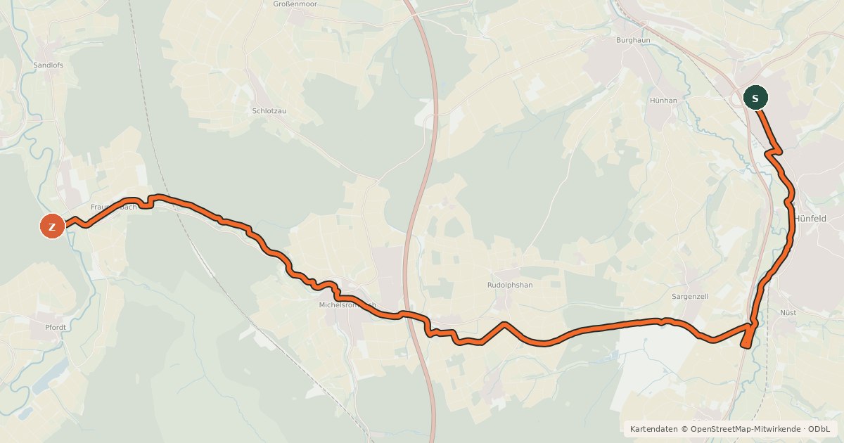 Kartenübersicht der Radroute Hünfeld-Kegelspiel Radweg-R7-Vulkanradweg