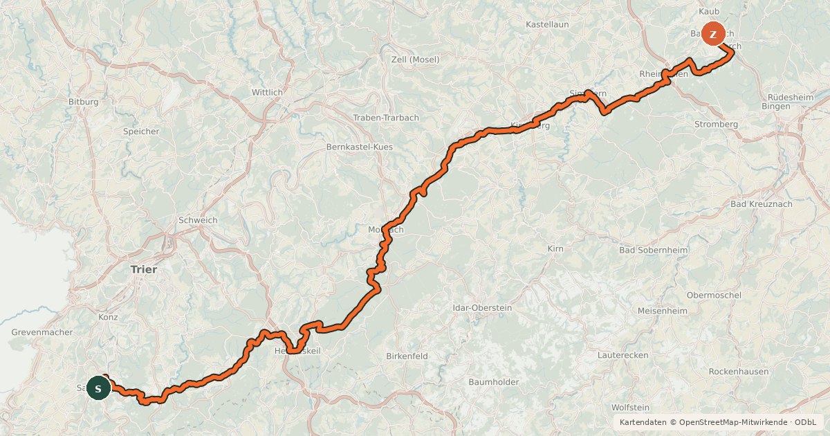 Kartenübersicht der Radroute Hunsrück-Radweg