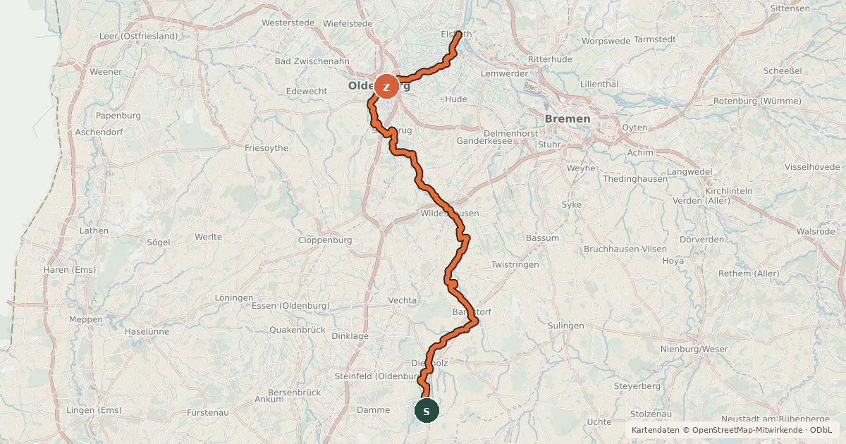 Kartenübersicht der Radroute Hunteradweg