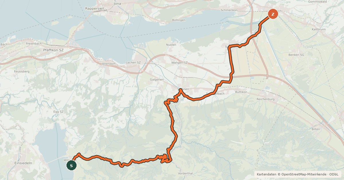 Kartenübersicht der Radroute Ibergeregg-Sattelegg-Linth