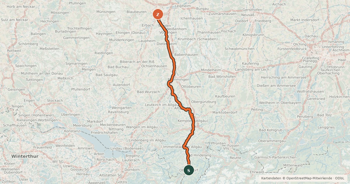 Kartenübersicht der Radroute Iller-Radweg