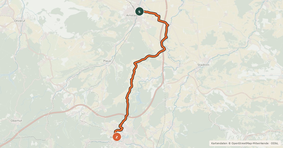 Kartenübersicht der Radroute Ilmenau-Arnstadt