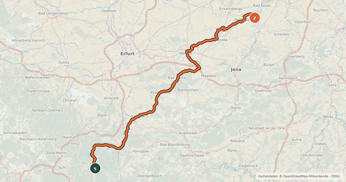 Kartenübersicht der Radroute Ilmtal-Radweg