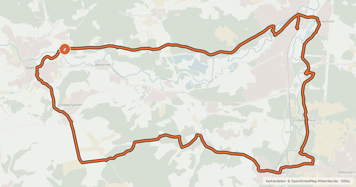 Kartenübersicht der Radroute Im Spalter Hügelland und entlang der Schwäbischen Rezat