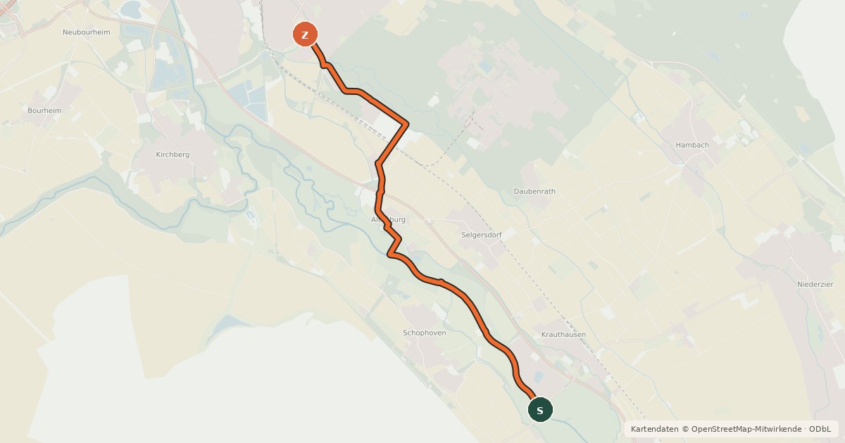 Kartenübersicht der Radroute Inden (11) - Jülich (12)
