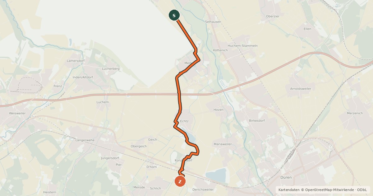 Kartenübersicht der Radroute Inden (40) - Düren (44)