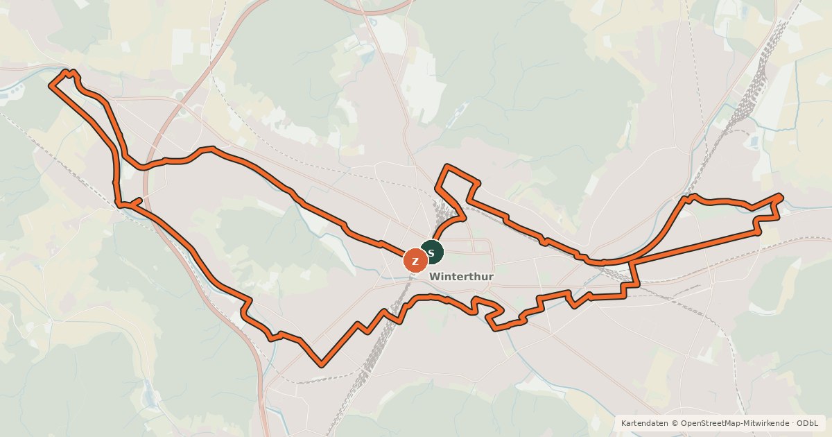Kartenübersicht der Radroute Industrie-Veloweg Winterthur