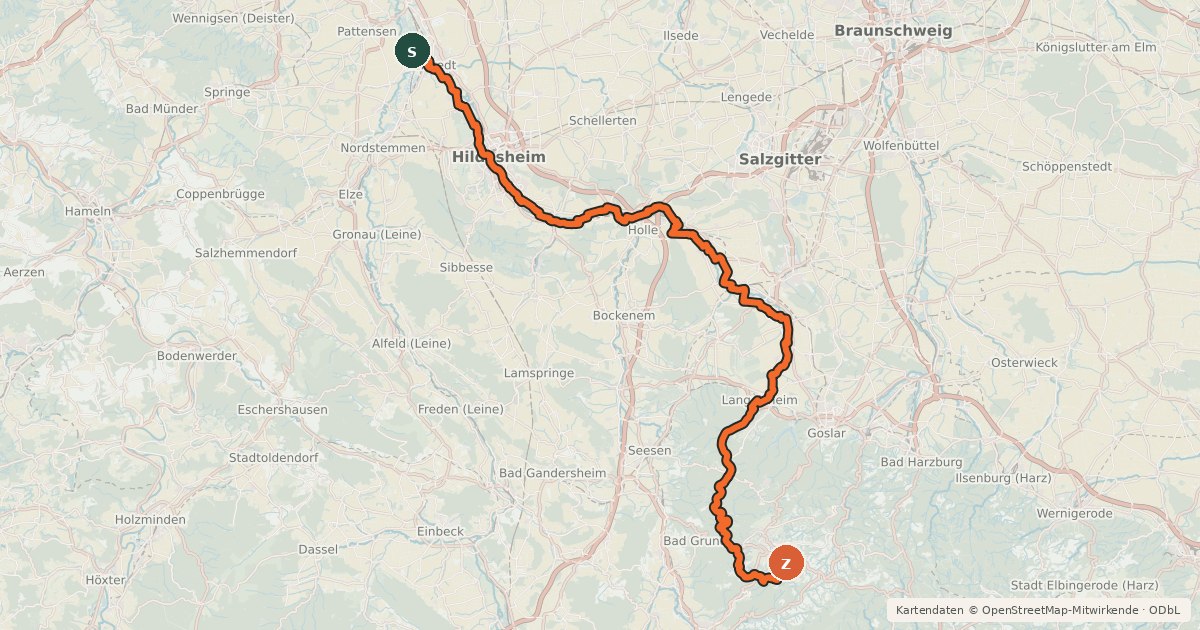 Kartenübersicht der Radroute Innerste-Radweg
