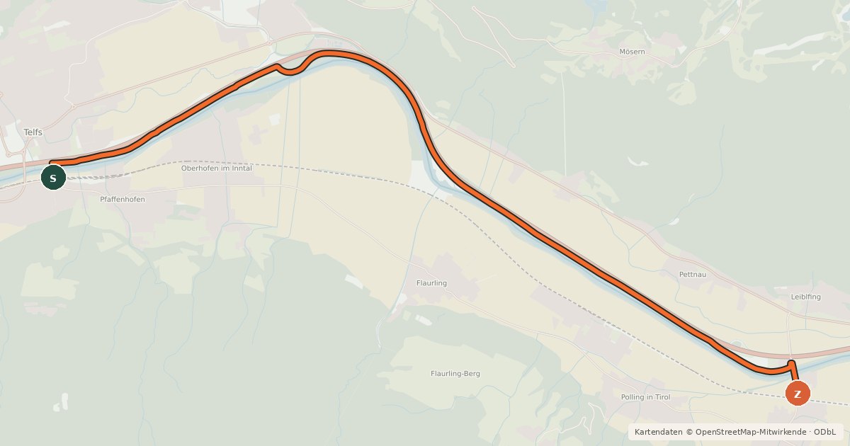 Kartenübersicht der Radroute Innradweg - Alternative Telfs