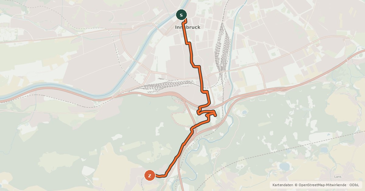 Kartenübersicht der Radroute Innsbruck - Natters