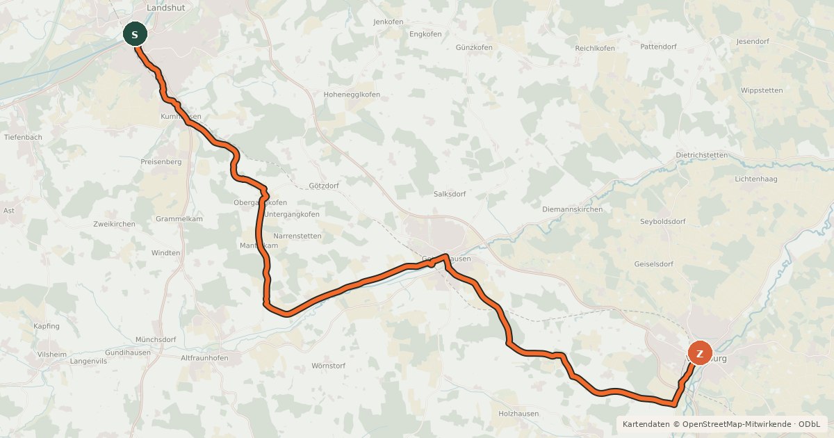 Kartenübersicht der Radroute Isar-Vils-Radweg