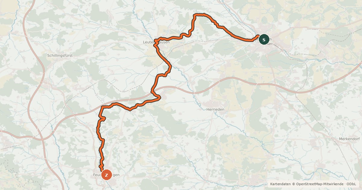 Kartenübersicht der Radroute Jakobus Radpilgerweg Ansbach – Feuchtwangen