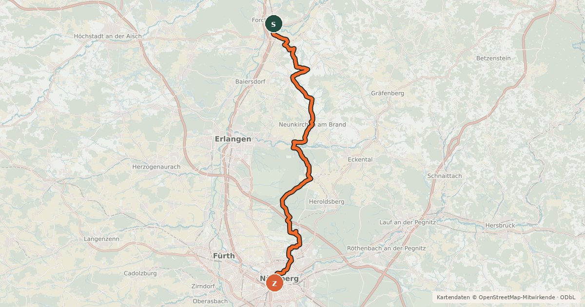 Kartenübersicht der Radroute Jakobus Radpilgerweg Coburg - Nürnberg