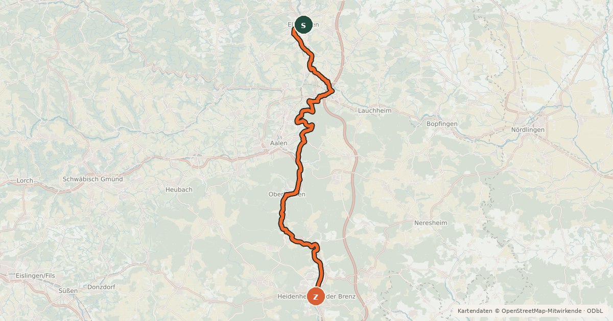 Kartenübersicht der Radroute Jakobus Radpilgerweg Ellwangen – Heidenheim an der Brenz