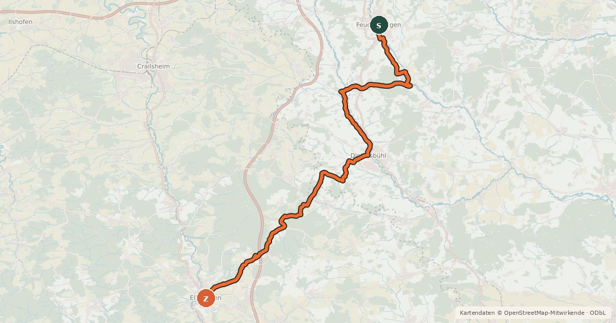 Kartenübersicht der Radroute Jakobus Radpilgerweg Feuchtwangen – Ellwangen