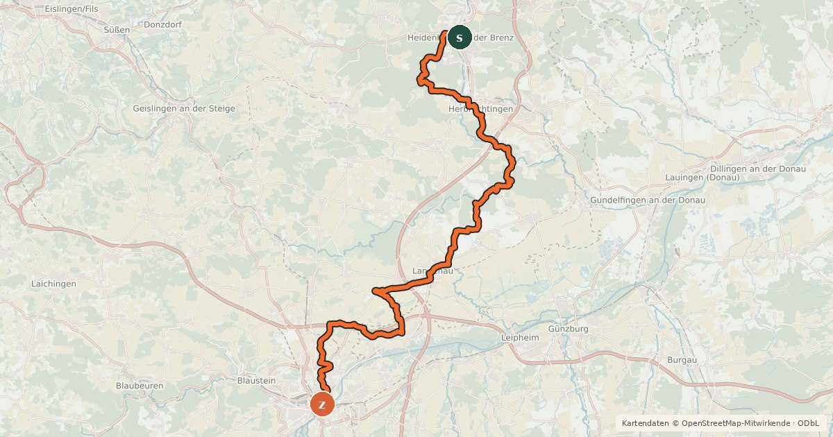 Kartenübersicht der Radroute Jakobus Radpilgerweg Heidenheim an der Brenz – Ulm